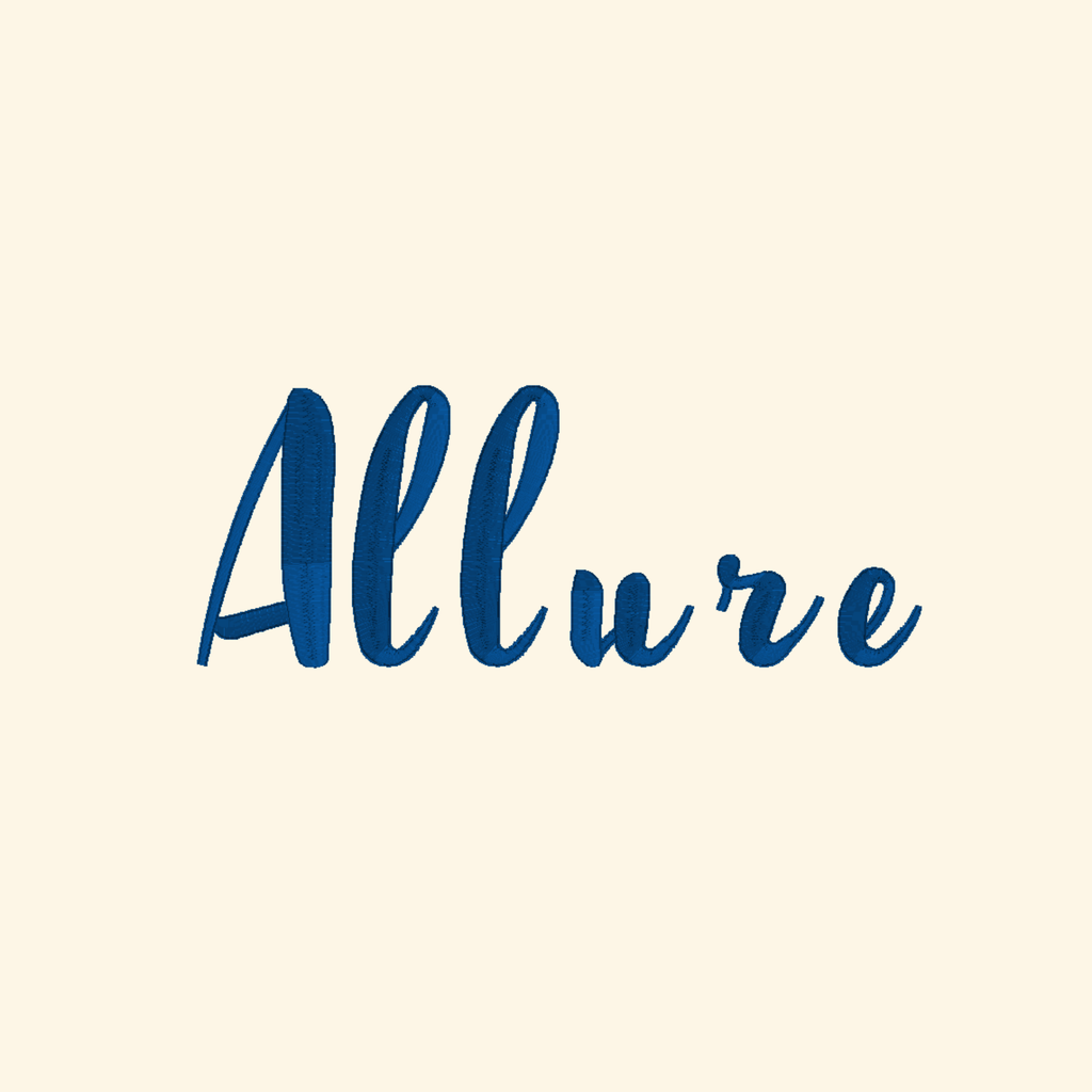 Allure embroidery font, Cute script font, Machine embroidery font, 7 Formats + 7 Sizes