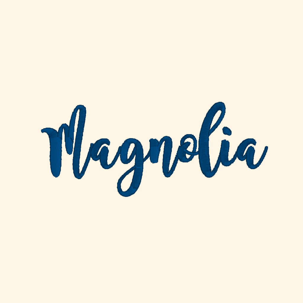 Magnolia embroidery font, Script cursive font, Machine embroidery font, 7 Formats + 7 Sizes