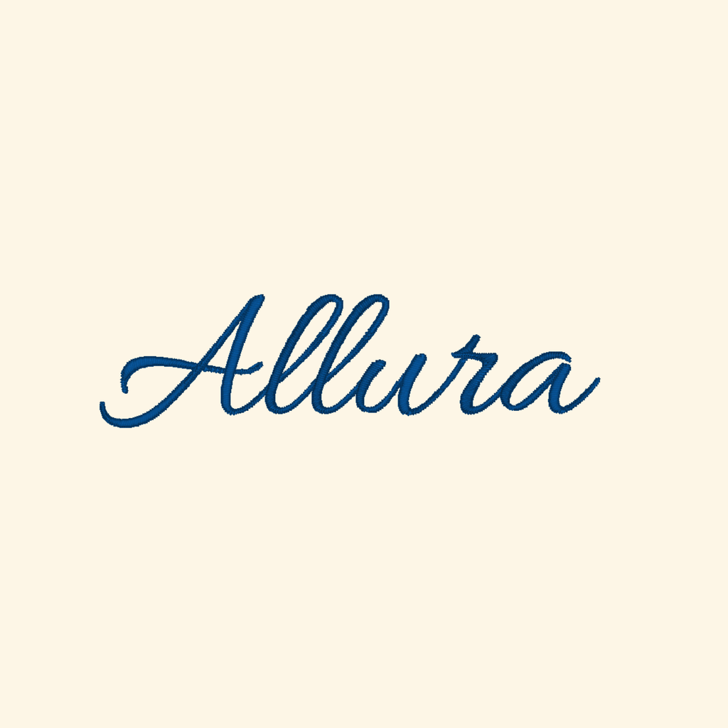 Allura embroidery font, Cursive script font, Machine embroidery font, 7 Formats + 7 Sizes